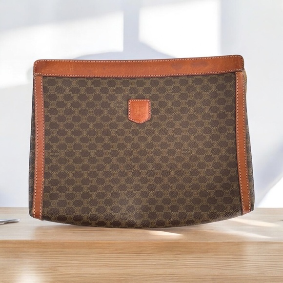 Authentic CELINE Macadam Dark Brown & Tan Leather Large Clutch Bag - Picture 1 of 16